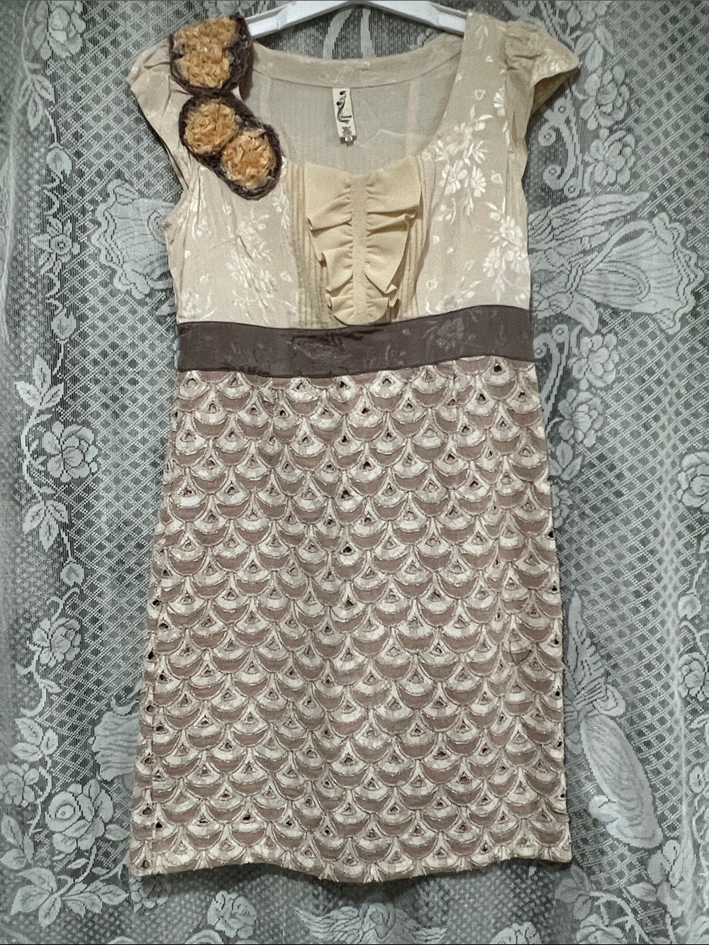 Floreat Cream & Brown Floral Ruffle Dress